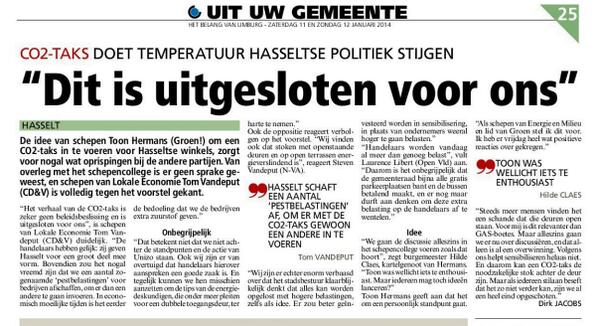 Hasseltse schepen van Lokale Economie <a href="/TomVandeput/">Tom Vandeput</a>  is duidelijk: "geen invoering van een CO2-taks". #cdenv