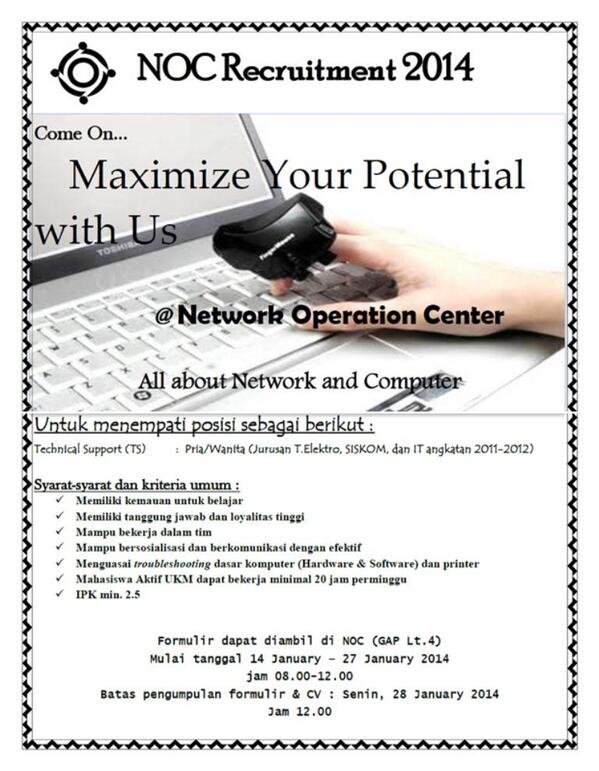 ukm_official's tweet photo. #MCUInfo NOC RECRUITMENT 2014 Technical Support: Pria/Wanita (Jurusan T.Elektro, SISKOM, &amp; IT angkatan 2011-2012). http://t.co/YbsngojCSB