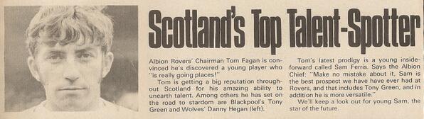 ScotsFootyCards's tweet photo. Scotland's top talent-spotter #TomFagan #AlbionRovers Anyone remember this #SamFerris? #Shoot! 1970-09-26 http://t.co/8jVy06mC8e