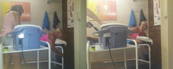 ANGELVDL's tweet photo. Physio love I guess! Funny way of showing it! The machine + tiny lady= PAIN! #feelingthelove @candicem85 HILARIOUS! http://t.co/H7zdnL5Nly