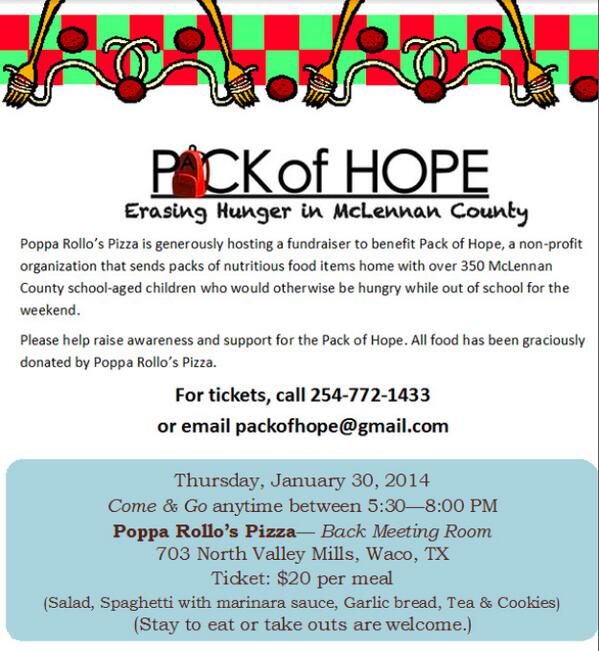 PackofHope's tweet image. Please join us at @PoppaRollos 1/30 for our fundraiser dinner! Together we can erase #childhunger. Info attached.