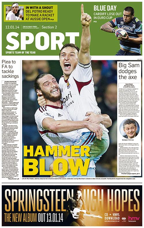 ST_Sport's tweet photo. Hammer blow | Cardiff lose out in Europe | Del Potro set to make a racket in Australia #tomorrowspaperstoday #WelshEd http://t.co/s9nZjR3Zg9