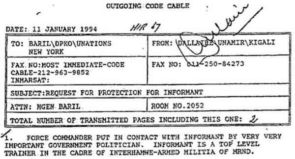 KwibukaRwanda's tweet photo. Today, 11 January, marks twenty years since Roméo Dallaire sent what has since been called the 'genocide fax'. http://t.co/aA6HNIHLCC