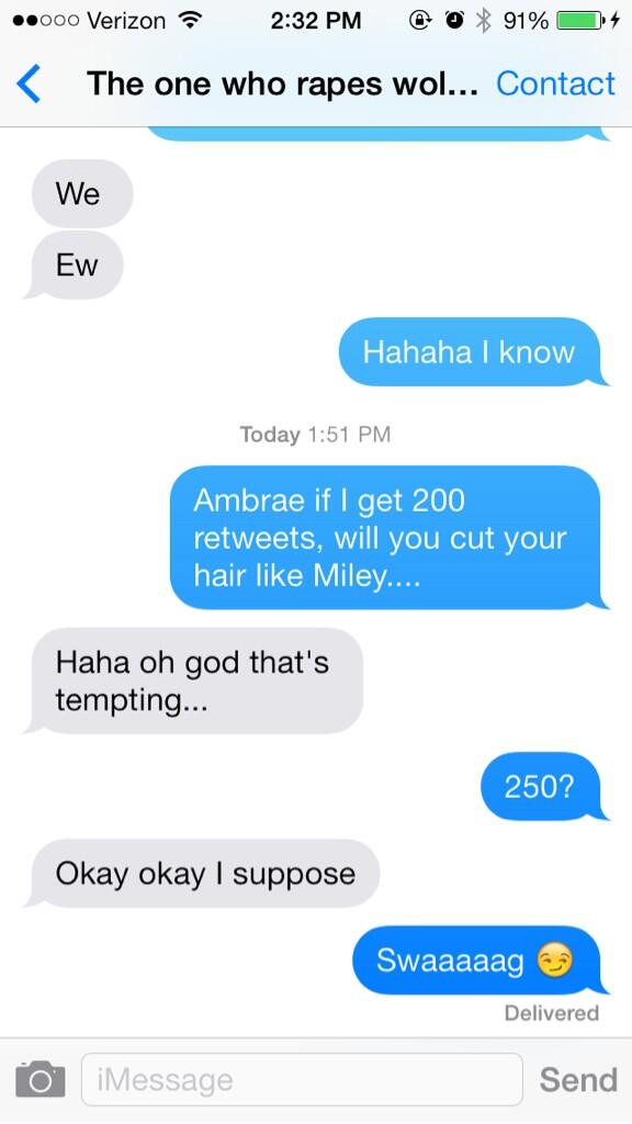 BriDay1's tweet photo. For 250 retweets, @Amber_Galles will cut her hair like Miley Cyrus 😬😆 GO GO GO http://t.co/8wx1qEiQGY