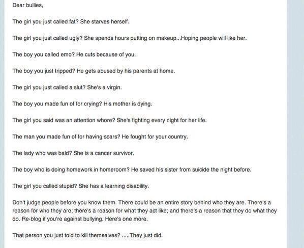 BubbleBubble101's tweet photo. Dear Bullies... http://t.co/UaTHPbLtM9
