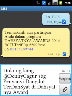 Ayo Dkg <a href="/DennyCagur/">Denny Cagur</a> di DahSyat Award sbgi penyanyi dangdut ter Dahsyat ketik: DA (spasi) DG3 krm ke 6288