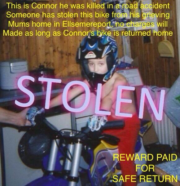 SignSaveLives's tweet image. Anyone who knows where this motorbike is contact me or police urgently please, Connor died &amp;amp; his mum is grieving  RT