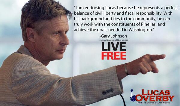 ElizabethGG2012's tweet photo. "Respect and admiration for @GovGaryJohnson &amp; his  endorsement is an honor." ~@Lucas_Overby #FL13 http://t.co/BykfCUu9Fa #VoteLiveFree