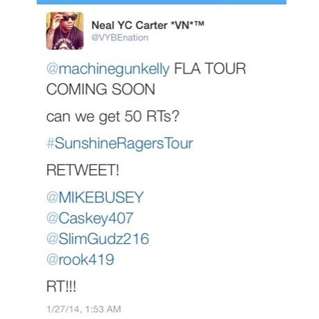 TomaHawk216's tweet photo. 50 Retweets @VYBEnation @machinegunkelly @MIKEBUSEY @Caskey407 @SlimGudz216 @rook419 #FlaTour #SunshineRagersTour http://t.co/5pFT5lR3MZ