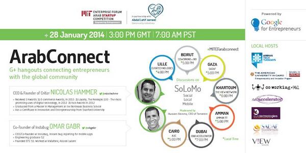 MITEFarab's tweet photo. First #ArabConnect G+Hangout on #SoLoMo w/ Hussam Hammo of @tamatemgames as moderator on Tues 28! #MITEFarabconnect http://t.co/63jPZgPWoH