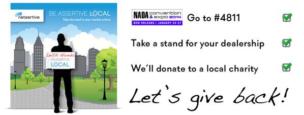 Netsertive's tweet photo. Shout it out: I'm "Assertive Local" in 4811 and we'll donate to your charity! http://t.co/ZWWAY7vOU6 #NADA14 http://t.co/xLvqr7govX