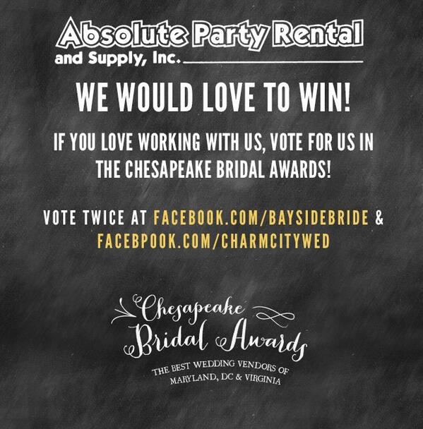 AbsoluteParty21's tweet image. Please vote for Absolute Party Rental in the #ChesapeakeBridalAwards
facebook.com/BaysideBride/a…

facebook.com/CharmCityWed/a…