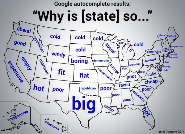 ShaneMac's tweet photo. This is amazing. Map of US based on what Google autocompletes when typing 

"Why is [state] so ..." http://t.co/S6PDiv3Zga