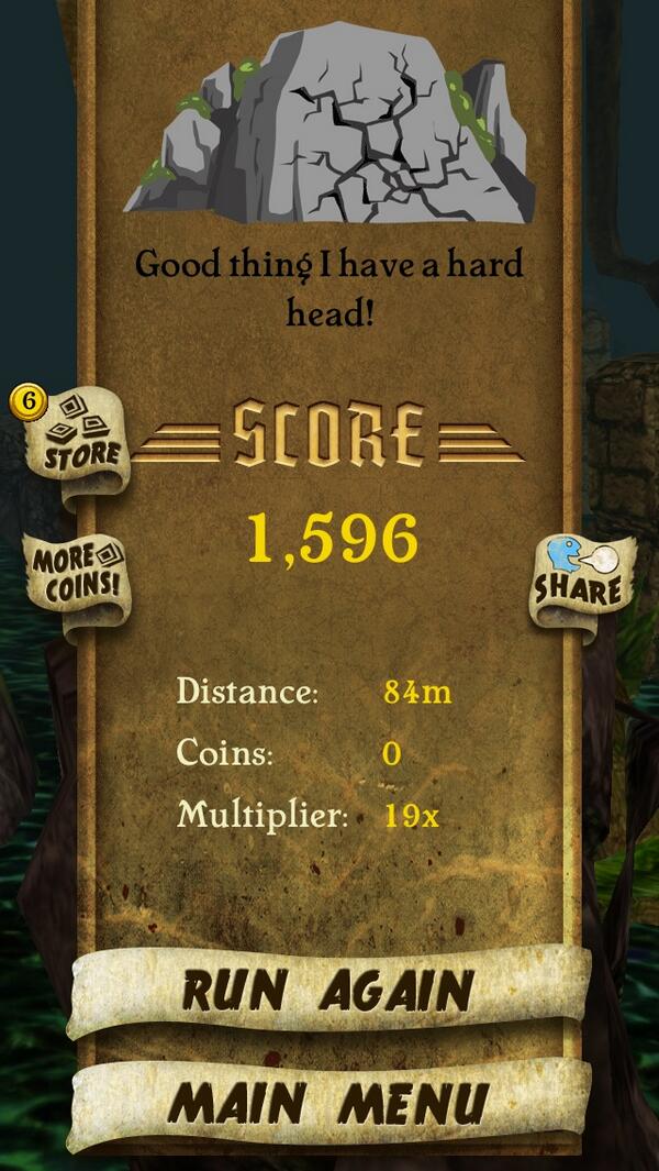 I got 1,596 points while escaping from demon monkeys. Beat that! bit.ly/TempleRunGame ##. C o