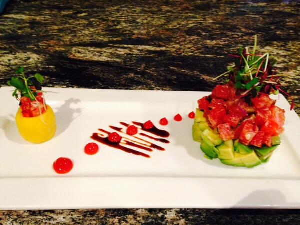 pancarestaurant's tweet photo. tuna tartar in aji panca vinaigrette, with causita de tuna on the side! http://t.co/olHh8OqJPI