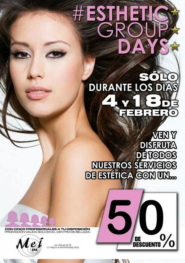 MeiSpa's tweet photo. #EstheticGroupDays DIAS 4 y 18 FEBRERO 50%DTO. EN SERVICIOS ESTÉTICA! Participa en el sorteo! https://t.co/CO9DgaqVow http://t.co/ZEL9ehXdd6