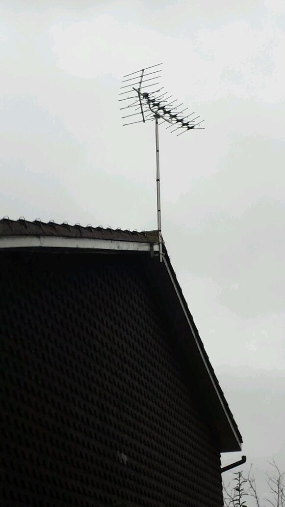 TV aerial repair, blown over by yesterday's high winds. 
DLB Roofing do emergency call outs even on Sundays.