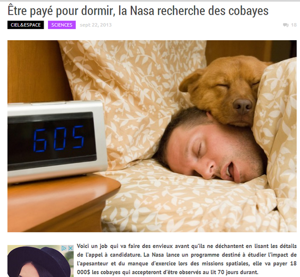 La Nasa paie 18 000€ pour rester dans ton lit pendant 2 mois.
Je crois que j'ai enfin trouvé ma carrière.