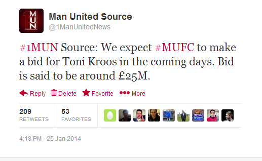 Media now reporting the same news about Toni Kroos we tweeted yesterday. #MUFC #1MUN