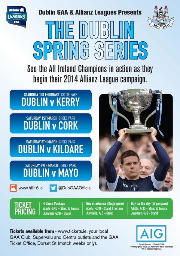 DubGAAOfficial's tweet photo. Parnell Pass tickets for #DublinSpringSeries can be collected in the GAA Ticket Office from Tues-Sat, 10am-5pm.
RT http://t.co/BOGQoAWnte