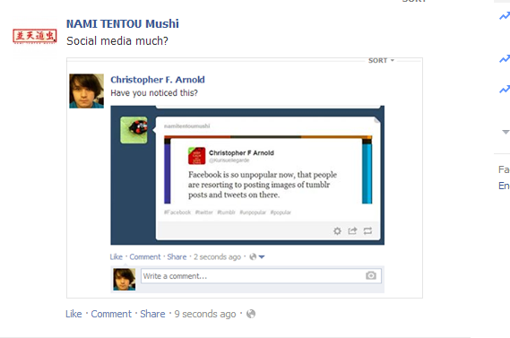 YourFriend_Kuri's tweet photo. #SocialCeption. Also, #Facebook isn't fun. http://t.co/lKfBrA3YSO