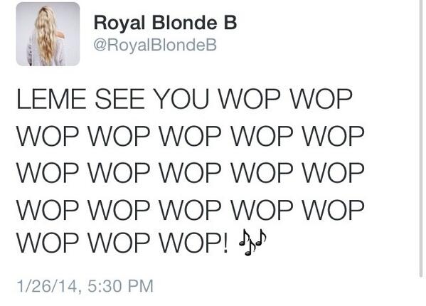NorthernBelleTM's tweet photo. And for our final act, we see a blonde who clearly wants to see us wop! Can I get a wop, ladies &amp; gents? http://t.co/k6gKZKIsoo