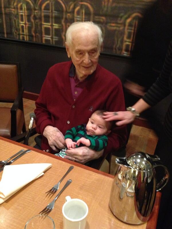 Grandpa Modesto Chemotti celebrating his 100th birthday with nephew Will.
