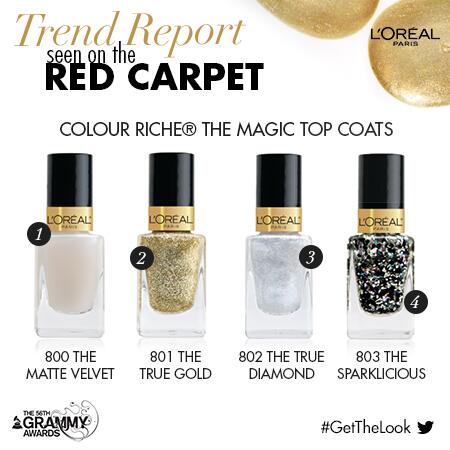 LOrealParisCAN's tweet photo. The #Grammys2014 is the perfect time for nail art... RETWEET for the chance to WIN these #ColourRiche Top Coats! http://t.co/F0BUhUGmPr
