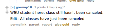 Liz_Ortiz91's tweet photo. Found out about WSU cancelling classes tomorrow from Reddit before my email or the university website. #cmst357 http://t.co/piJ7nLPYwW