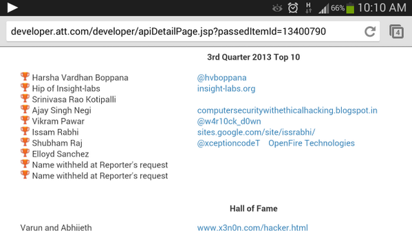 and AT&amp;T 3rd Quarter Top 10 list is out - am there with others ;)) Congo #all <a href="/Bugcrowd/">bugcrowd</a> <a href="/CrowdCurity/">Crowdcurity (Cobalt)</a>