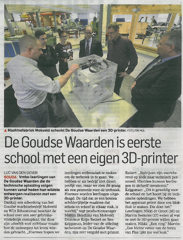 Artikel in #AD. De Goudse Waarden krijgt #CubeX #3dprinter van #RAPRO en #WIAEducational gesponsord door Mokveld.