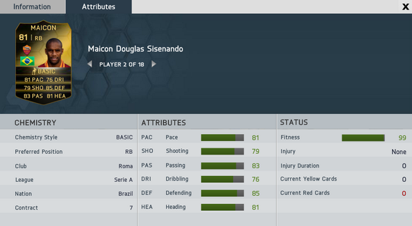 EASPORTSFC's tweet photo. SIF Maicon stats - RB 81 OVR - 81 PAC, 79 SHO, 83 PAS, 76 DRI, 85 DEF, 81 HEA. #FUT http://t.co/4ru6OEEGVc http://t.co/0j61bQFHrb