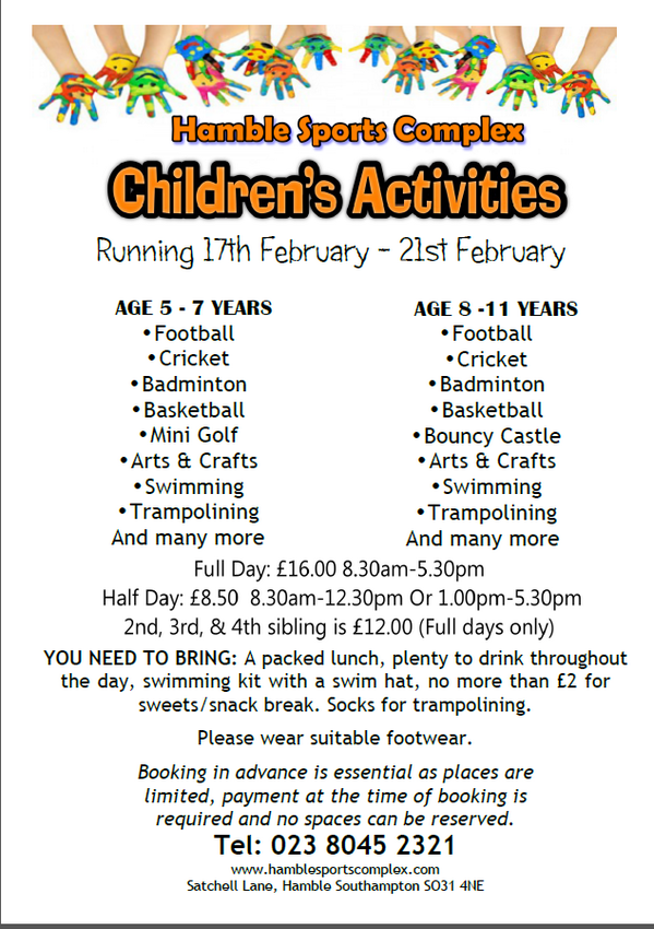 HambleSportsCom's tweet image. Children's Activity Enrolments Now Taking Place For Feb Half Term