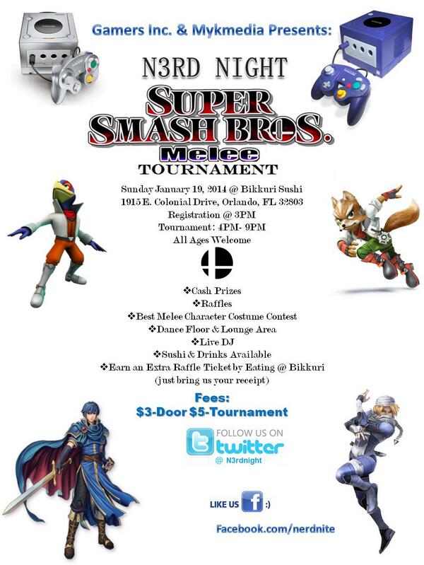 N3RDNIGHT's tweet photo. Follow us for more goodies &amp; join us @N3RDNIGHT Sun. 1/19 @BikkuriSushi1 3pm-9pm. SSB Melee, live DJ &amp; more! #Orlando http://t.co/gJSW6xZubQ