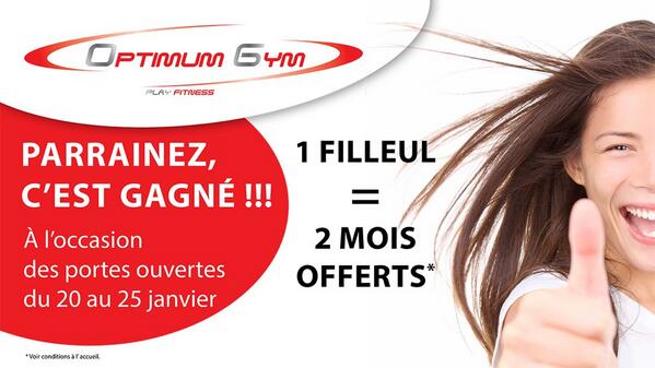 OptimumGymDECHY's tweet photo. Parrainez, c'est gagné !!!
1 filleul = 2 mois offerts*

#parrainage #PortesOuvertes #offre #optimumgymdechy http://t.co/dTmj2KTj8H