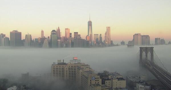 CitySkyIinePics's tweet photo. Brooklyn Bridge, Freedom Tower and the morning fog over lower Manhattan http://t.co/fWfjbKj52K