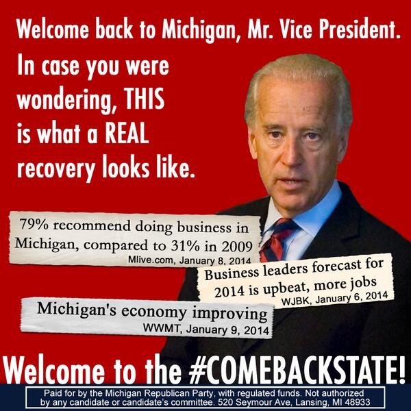 MIGOP's tweet photo. Welcome to Michigan, Mr. Vice President. THIS is what a REAL recovery looks like. #ComebackState http://t.co/GAJswNYkQH