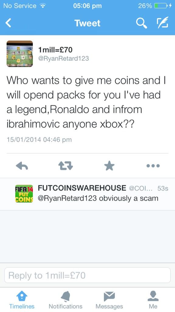 Fifa99Rob's tweet photo. RT AND REPORT @RyanRetard123 FOR TRYING TO SCAM COINS!

SUAREZ GIVEAWAY WHEN HE HE'S GONE! http://t.co/5SJieYV4eO