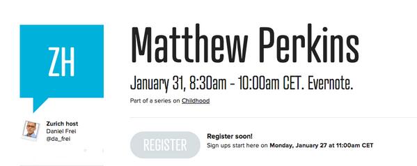 Looking forward to having #Zurich_CM  and <a href="/mfperkins/">Matthew Perkins</a> at our offices on January 31st - creativemornings.com/talks/matthew-…