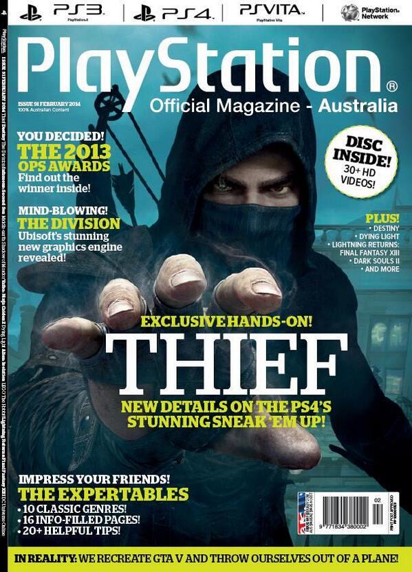 Thief's tweet image. Garrett looking smashing on the cover of the Feb issue of #OPSM @PlayStationAU