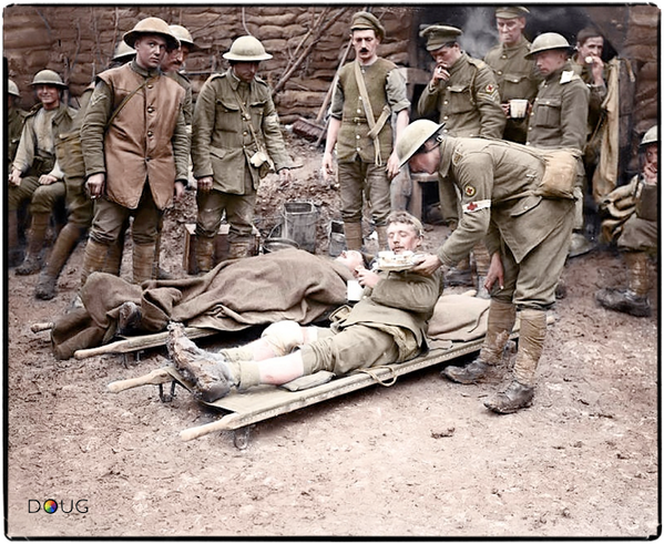 InverclydeWW1's tweet image. "@colour_history: British wounded and RAMC staff at a Dressing Station in Aveluy Wood, Somme. 13 Nov.1916. (IWM) http://t.co/beDLeEVg8Q"