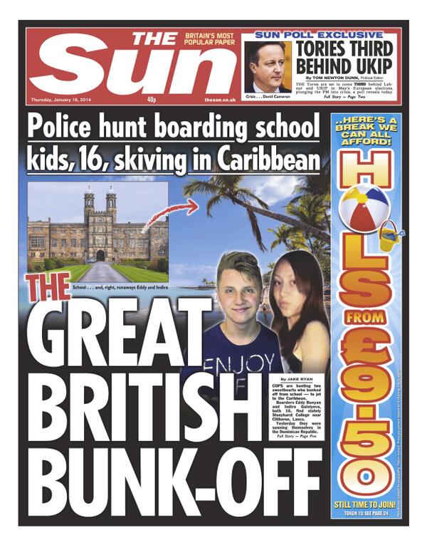 BBCNews's tweet photo. Thursday's Sun front page - "The Great British Bunk-off" http://t.co/Njbra0hGcd via @suttonnick #tomorrowspaperstoday #BBCpapers
