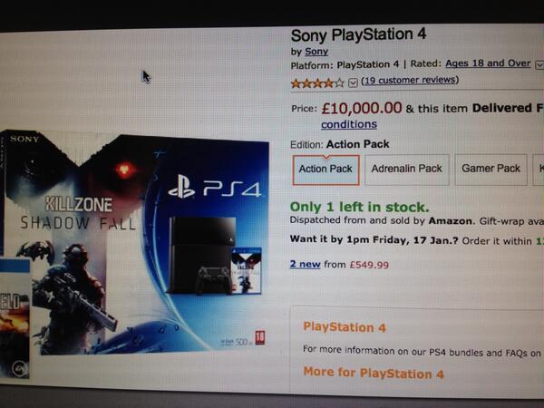 FracturesAudio's tweet photo. There’s a PS4 console on #Amazon UK right now for £10,000.00. Now I know they’re good, but £10,000 good? http://t.co/OvVUJHJkVJ