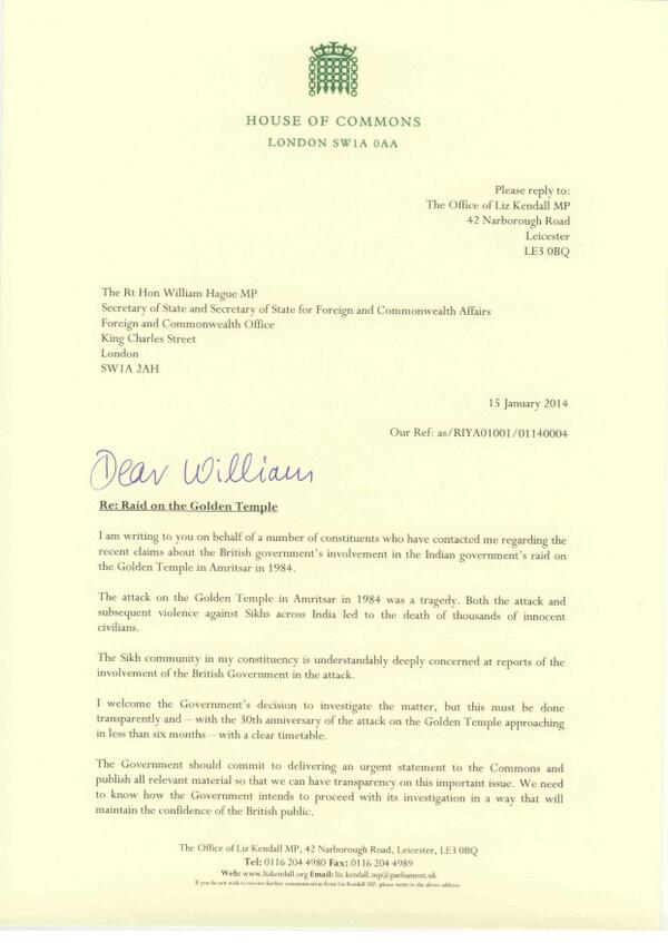 Many thanks to <a href="/leicesterliz/">Liz Kendall</a> for writing to the Foreign Secretary &amp; to <a href="/vriyait/">Vijay Singh Riyait</a> #GoldenTempleAttack <a href="/SikhFedUK/">Sikh Federation (UK)</a>