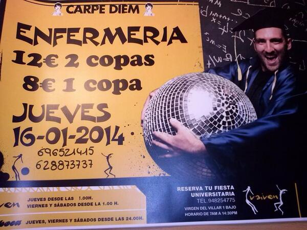 BENFERMERIA's tweet photo. ¡¡JUEVES 16, FIESTA ENFERMERIA EN DISCOTECA VAIVÉN!! 8€+1COPA; 12€+2COPAS. ¡¡FIESTA CON LAS ENFERMERAS DE LA UPNA!! http://t.co/dKqV1tU182