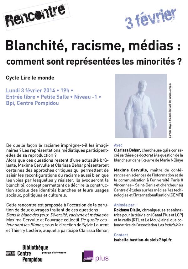 maxime_cervulle's tweet photo. Rencontre autour du thème "Blanchité, racisme, médias" avec @RokhayaDiallo @eclaribe au Centre Pompidou, le 3 février http://t.co/WYPFY6qNRI
