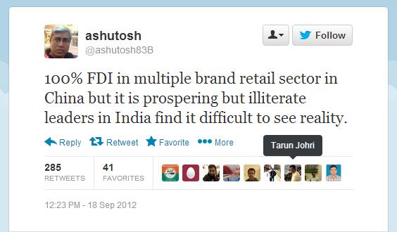 ibtlx's tweet photo. RT @India_Policy: Hello @arvindKejriwaI, see, @ashutosh83B calling you illiterate for reversing FDI in retail! http://t.co/zJHKAfPL1x