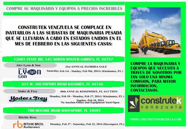 CONSTRUTEK_VE's tweet photo. Quieres comprar tus equipos y maquinas de construccion a precios incomparables? te invitamos a participar.... http://t.co/OzlzqzATFq