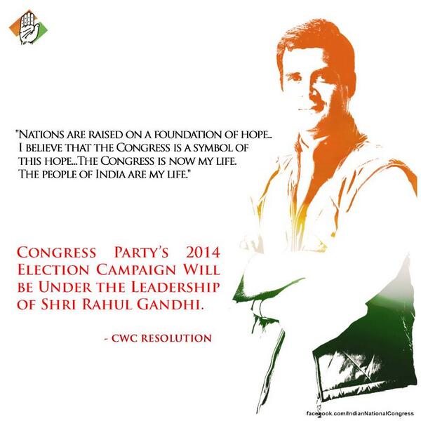 INCIndia's tweet photo. The CWC decided that #Congress Vice President Rahul Gandhi will lead the party's campaign in 2014 Lok Sabha elections http://t.co/3uWzxfGQPV