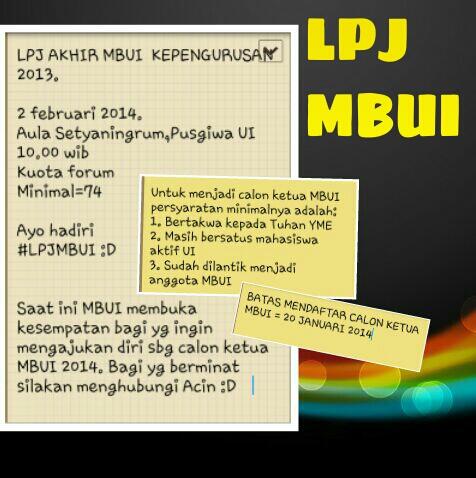 madahbahana's tweet photo. keluarga besar MBUI angkatan berapa pun boleh loh kosongkan jadwal di 2 februari 2014. Untuk MBUI yang lebih baik! ;D http://t.co/VljOtAeqca